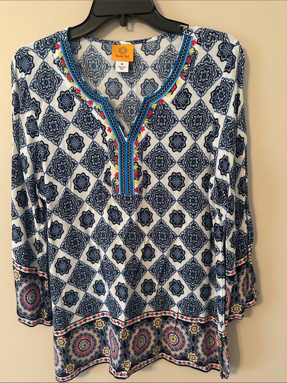 Ruby Rd. Navy and White Tunic with Multicolor Trim